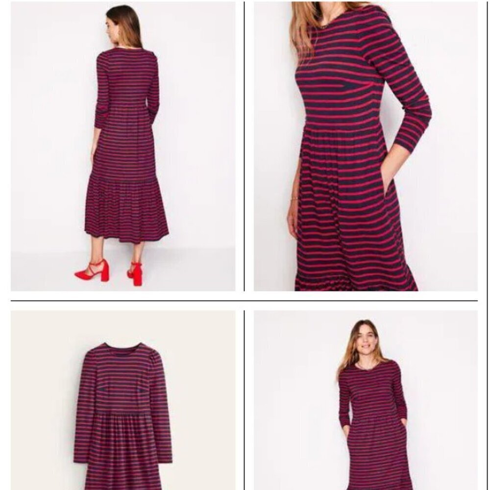 Boden Emma Red Blue Striped Long Sleeve Midi Dress Size 6 US Pockets EUC
